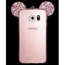 Samsung Galaxy S6 - Mickey 3D Bling Bling Crystal Ear with Removable Strap TPU Soft Protective Cover Case - Pink